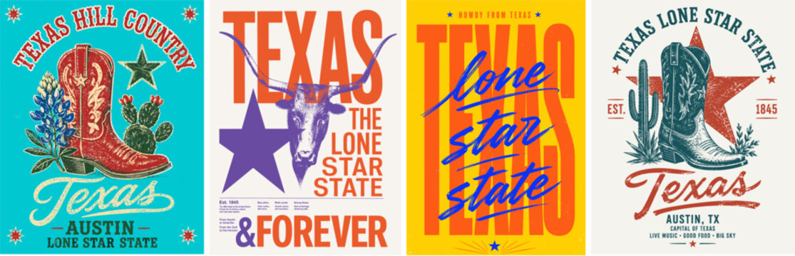Retro Texas vector poster set with cowboy boot, cactus, longhorn skull, stars and bold western typography for Austin travel, rodeo, ranch souvenir and state pride design.