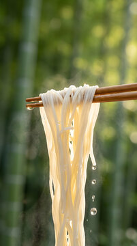 Cold somen noodles lifted by chopsticks with sparkling water droplets
