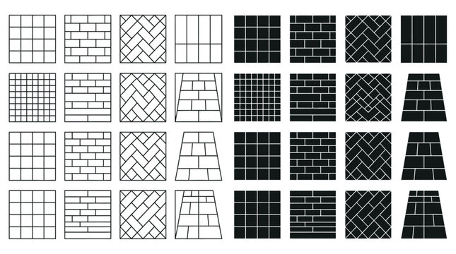 Diverse collection of monochrome vector graphic paving patterns featuring various geometric brick and stone arrangements