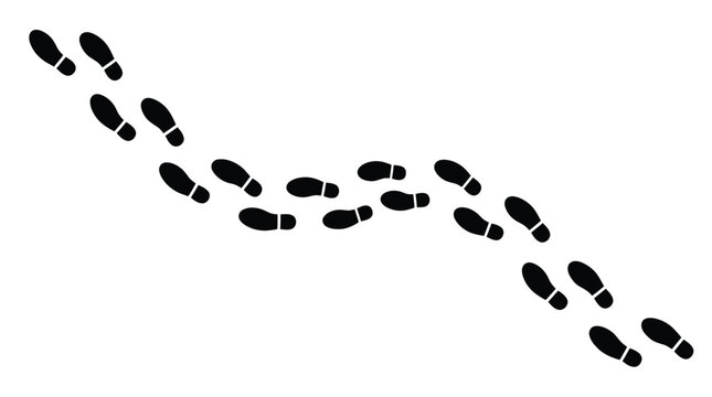 Detailed black vector illustration of a curved walking path created with multiple unique shoe footprints