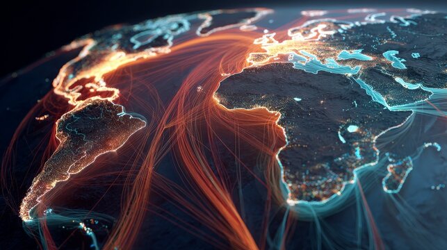 A digital world map illuminated with glowing orange and blue lines representing global connectivity and data flow at night