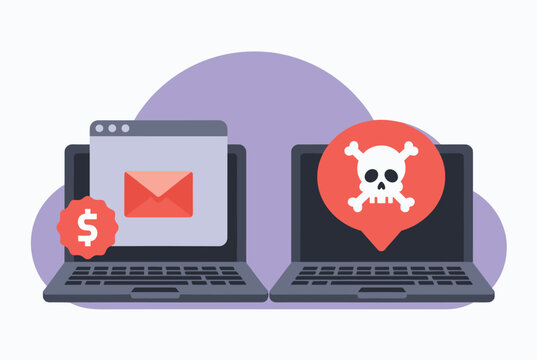 Cyber security and digital threat illustration featuring laptop screens with phishing emails and skull malware alert signs.