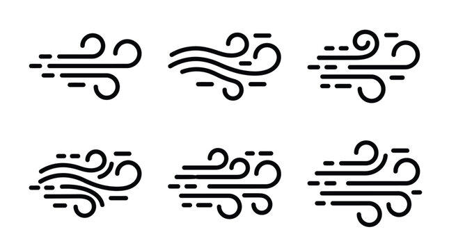 Minimalist vector illustration set featuring black wind gusts icons on a clean white graphic background