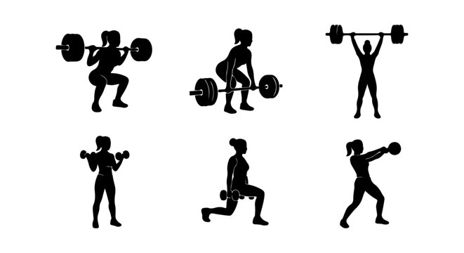 Female Weightlifting Silhouettes, Strength Training Poses, Fitness Icons, Workout Vector Set