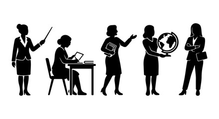 Naklejka premium Business Women Silhouettes: Diverse Professional Poses, Education, Global Concepts, Office Work, Leadership Icons
