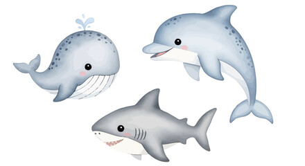 Fototapeta premium Cute cartoon whale dolphin and shark sea animals set