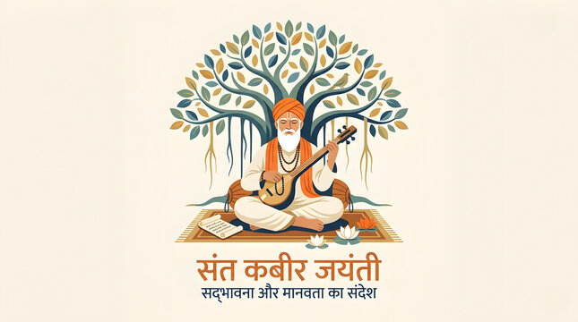 Kabir Jayanti Banner Vector Illustration of Saint Kabir Das Playing Sitar Under Banyan Tree with Hindi Doha Text