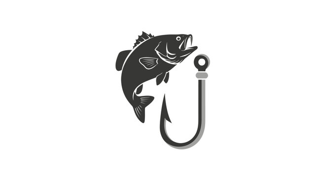 Bass fish jumping on a fishing hook icon