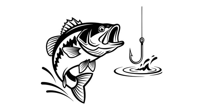 Black and white bass fish jumping for a fishing hook