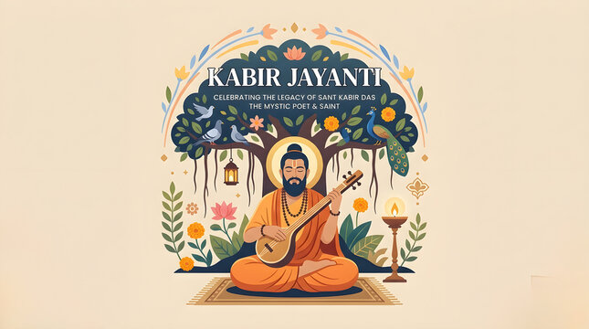 Kabir Jayanti Banner Vector Illustration of Saint Kabir Das Playing Sitar Under Banyan Tree with Hindi Doha Text