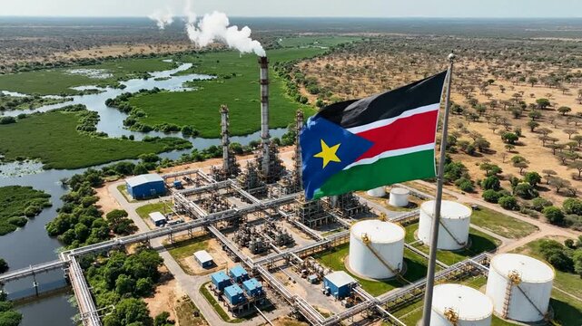 Aerial view of south sudan oil refinery with national flag waving in industrial landscape petroleum energy