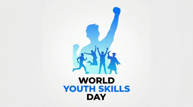 World Youth Skills Day, 15 July. World Youth Skills Day text with Young peoples celebrating success