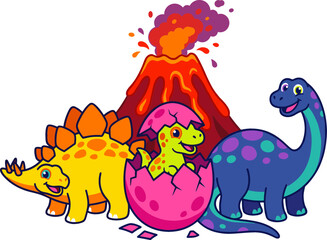 Cute Cartoon Dinosaurs Vector Set Featuring Stegosaurus Brachiosaurus Hatching Baby Dinosaur Egg And Erupting Volcano For Children Graphic Designs © MstBobita