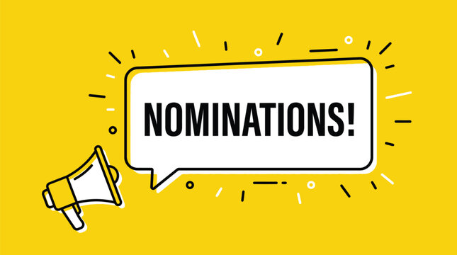 A vibrant yellow vector illustration featuring a megaphone and a speech bubble announcing open nominations