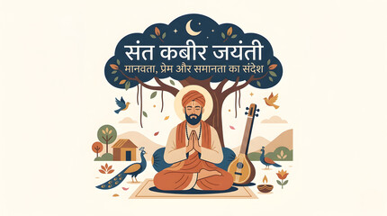 Fototapeta premium Kabir Jayanti Greeting Card Vector Illustration with Sant Kabir Das Playing Tanpura under Banyan Tree