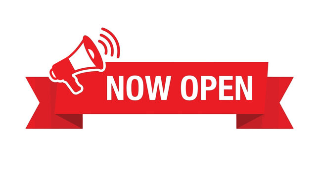 Bright red vector illustration featuring a megaphone icon and text banner stating now open clearly