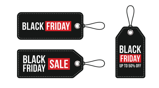 Three black friday sale tags with white text and red accents as a vector illustration