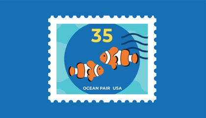 Obraz premium Blue postage stamp features two orange clownfish swimming together with a circular frame and waves in a modern vector.