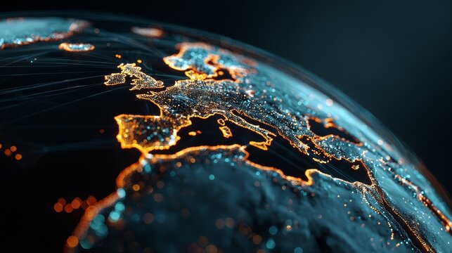 Glowing Earth view, illuminating Europe & surrounding regions. Digital lines & lights represent global connectivity against darkness
