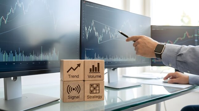 Businessman analyzing stock market data on computer screens with wooden strategy blocks on desk