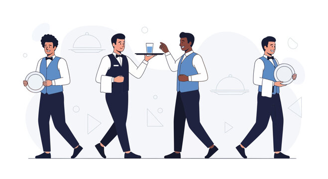 Diverse team of waiters in uniform serving guests with plates and drinks in a modern flat illustration style.