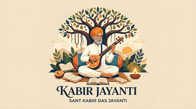 Kabir Jayanti Greeting Card Vector Illustration with Sant Kabir Das Playing Tanpura under Banyan Tree