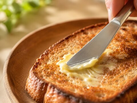 Hand spreading creamy butter with a knife on a slice of crunchy toasted bread on a wooden plate