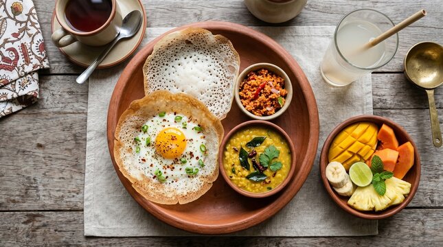 Delicious Sri Lankan Breakfast: Hoppers with Egg, Dhal Curry, Sambol & Fruit Platter on Wooden Table