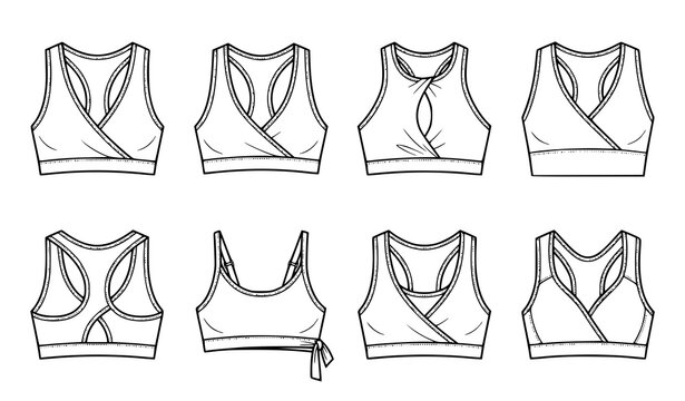 Sports Wrap Bra Fashion Flat Icons Monochrome Activewear Vector Set