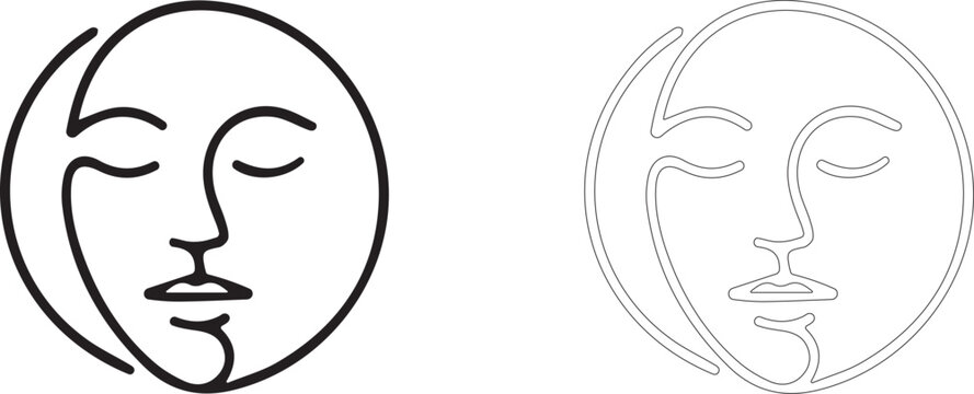 Minimalist crescent moon with face line art illustration. Continuous line drawing of celestial human profile. Vector abstract mystic sun or moon outline icon for astrology logo or tarot.