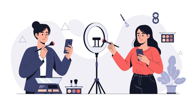 Diverse women filming makeup tutorials using smartphones and ring lights, surrounded by cosmetics.