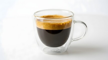 Naklejka premium Espresso coffee in clear double walled glass cup with espresso caffeine beverage