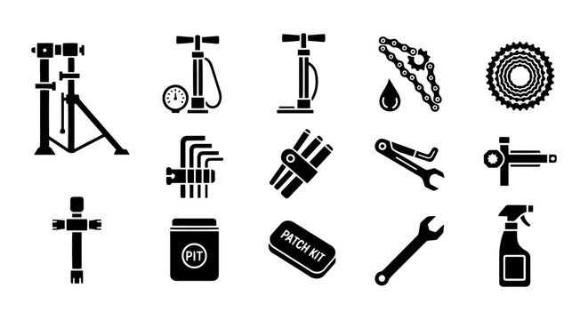 Bicycle Repair Tools Set, Cycling Maintenance Icons, Bike Mechanic Equipment Vector Graphics