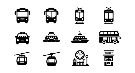 Modern Transportation Icons: Bus, Train, Taxi, Ferry, Cable Car, Ticket Booth Vector Set © Odhora