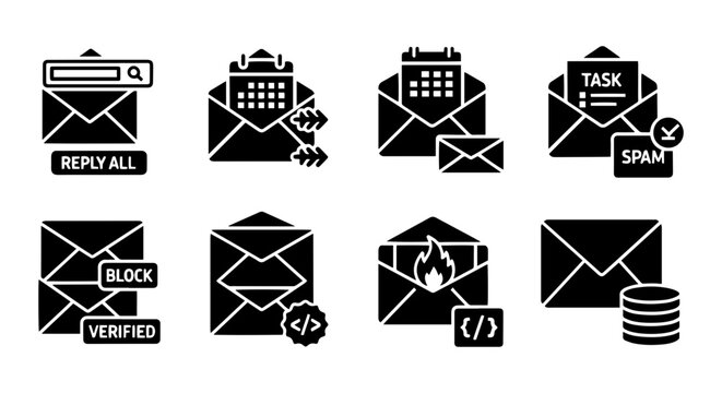 Email Icons Set: Calendar, Task, Spam, Reply All, Block, Verified, Code, Database