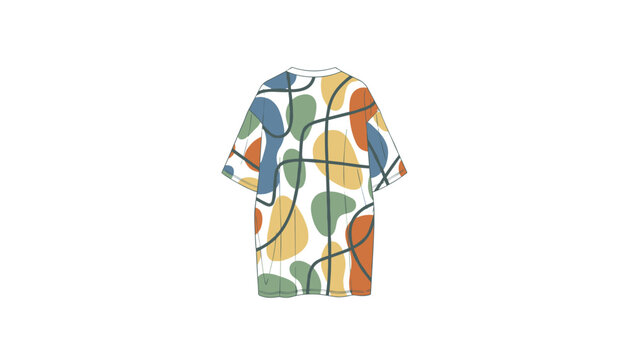 Back view of an oversized white t-shirt decorated with colorful abstract shapes and black scribbly lines on a white background.