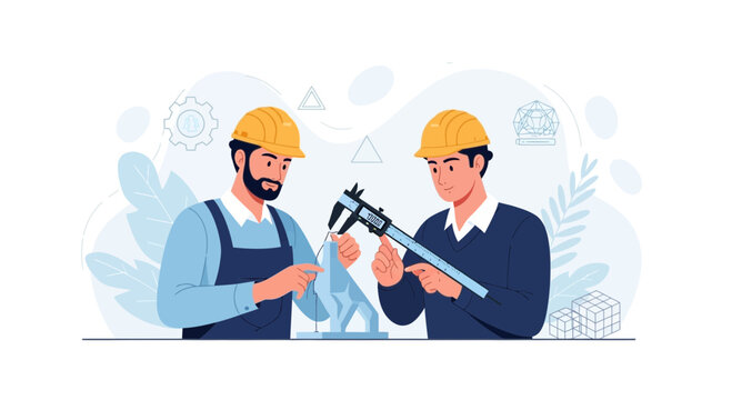 Engineers collaborate on precision design using calipers and blueprints, symbolizing innovation and construction.