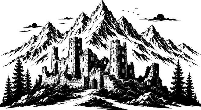 Ancient stone castle in front of high mountains and pine trees