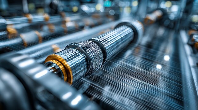 Industrial machinery with close-up of a cylindrical metallic part and thin threads, suggesting manufacturing. Depth of field