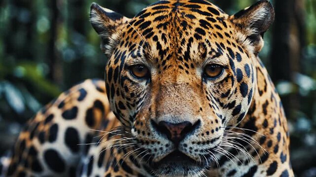 Close-up portrait of a majestic jaguar looking at the camera in nature