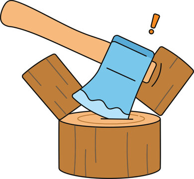 Cartoon illustration of axe stuck in wooden log with pieces broken off