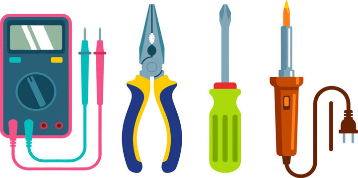 Electrical Repair and Maintenance Work Tools Vector Icon Set Featuring Digital Multimeter Tester Combination Pliers Phillips Screwdriver and Electric Soldering Iron