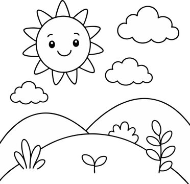 A simple black-and-white coloring page featuring a cheerful smiling sun shining above rolling hills. Fluffy clouds float in the sky, while small plants and bushes decorate the landscape. 
