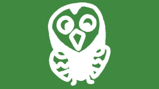 Cute cartoon owl wisdom education hand-drawn graphic with chalk outline happy night bird and knowledge notification icon isolated on green screen background for creative library study line art.