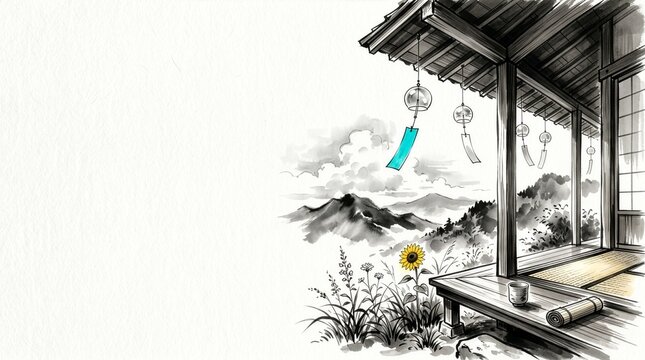 Ink illustration of a Japanese veranda with wind chimes, a sunflower, and mountains