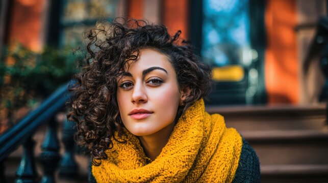Urban Portrait: A young woman with striking curly hair and a warm yellow scarf poses thoughtfully in an urban setting, exuding natural beauty and contemplative grace.