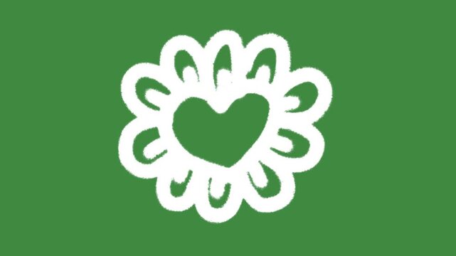 Blooming heart flower blossom hand-drawn cartoon graphic with chalk outline mandala flora and love charity notification icon isolated on green screen background for creative nature line art element.