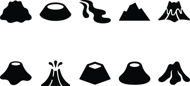 Black silhouettes of volcanoes and volcanic eruptions