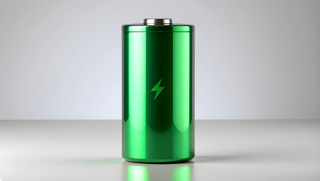 A glossy green metallic battery cylinder with a lightning bolt symbol on a plain studio background, representing clean energy, electric power storage, and sustainable technology.