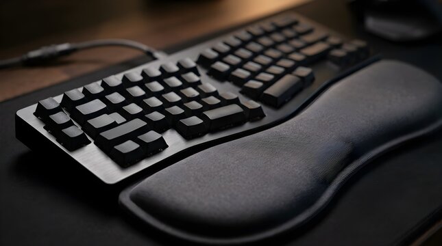 Black mechanical computer keyboard with ergonomic wrist rest on desk